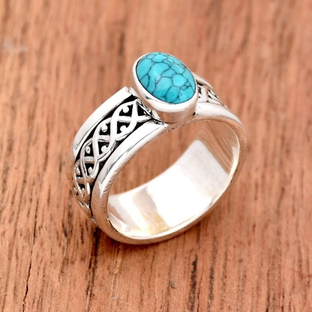 S925 Sterling Silver Turquoise Spinner Ring | Bohemian Meditation Jewelry