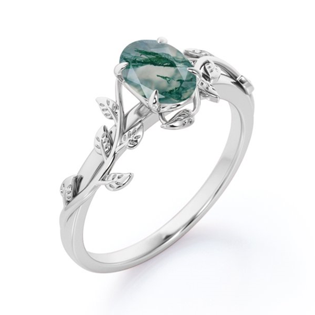 S925 Sterling Silver Natural Moss Agate Ring | Nature-Inspired Engagement Jewelry