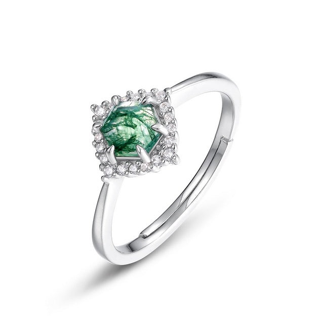 S925 Sterling Silver Natural Moss Agate Ring | Drop Shape Forest Jewelry